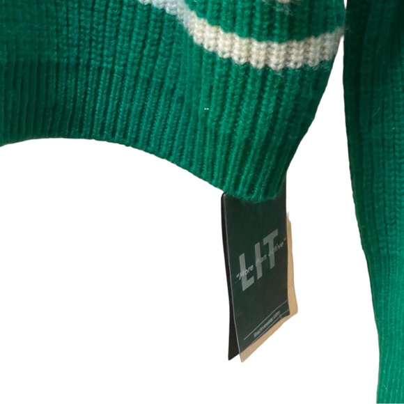 LIT ACTIVEWEAR Green Striped Collared V-neck Open Knit Sweater Hoodie NWT - Picture 4 of 6